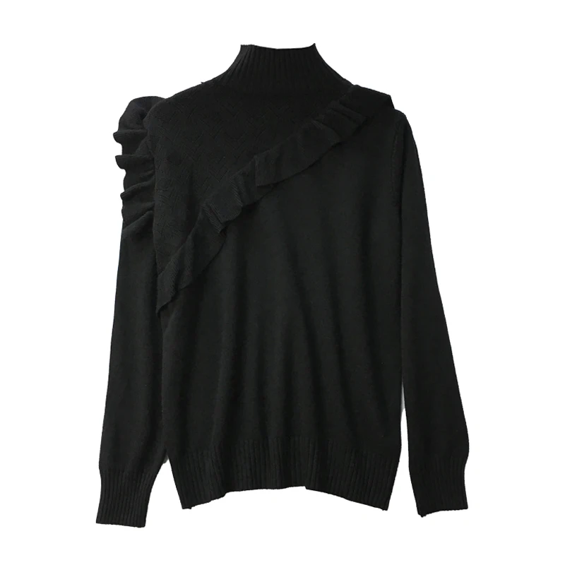 

PERHAPS U women sweater bodycon sheath stand collar khaki blue black ruffle high street winter autumn solid pullover M0084