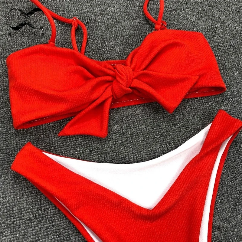 Bikinx ребристые Экстрим бикини микро купальный костюм узел Красный купальник