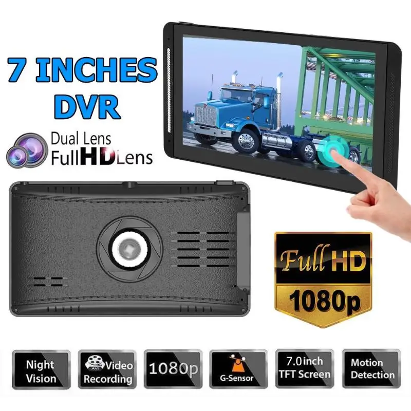 12V/24V Auto Car Universal DVR 7 inch Car Truck Bus Touch Screen Dashcam Car Camera Full 1080p Dual Lens Dash Cam Driving Mirror