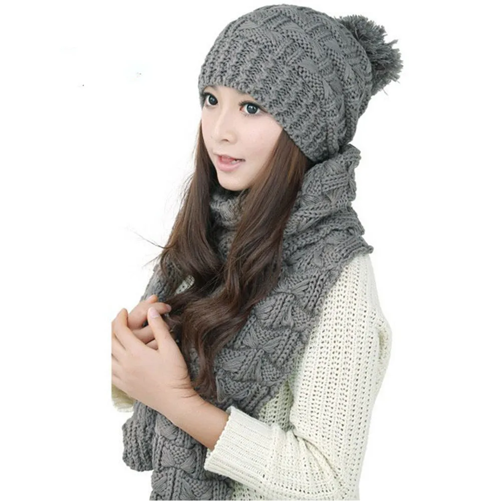 Nov24 Элегантный комплект из 2 предметов для женщин s теплый трикотажный зимний шарф шапки для женщин леди девушка