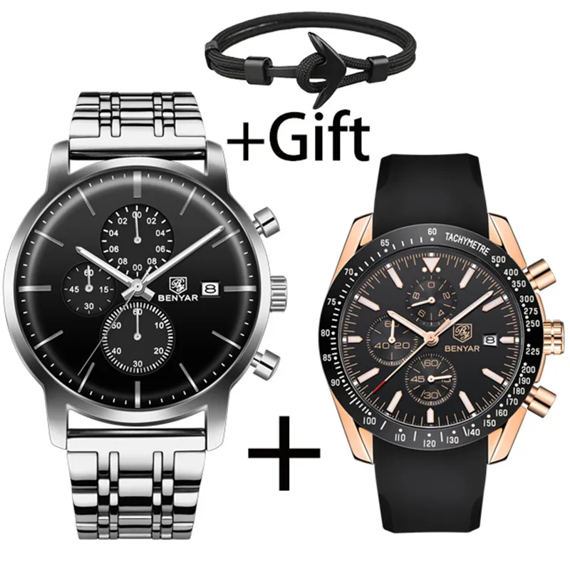 

BENYAR Brand Stainless steel strap Waterproof Watch Men Luxury Business Quartz Sport Military Chronograph erkek kol saati+Gift