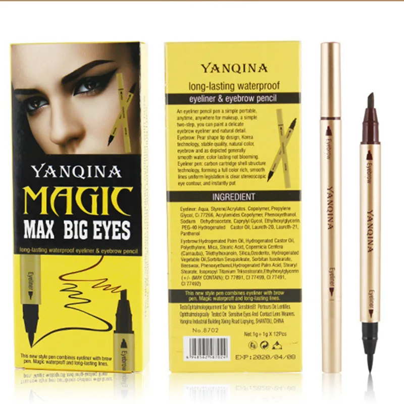 12pcs/set YANQINA black liquid eyeliner pencil + eye brow pencil dual