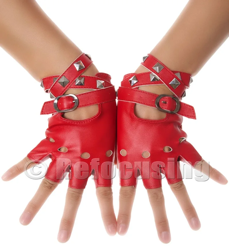 Красные искусственные кожаные перчатки без пальцев шпильки