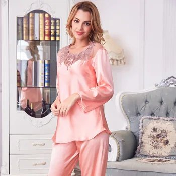 

Women Pajamas Sets Long sleeve Pyjamas Suit 2019 Sexy Lace Satin Round Neck Casual Home Wear Cute Pink Sleepwear Pijama Mujer