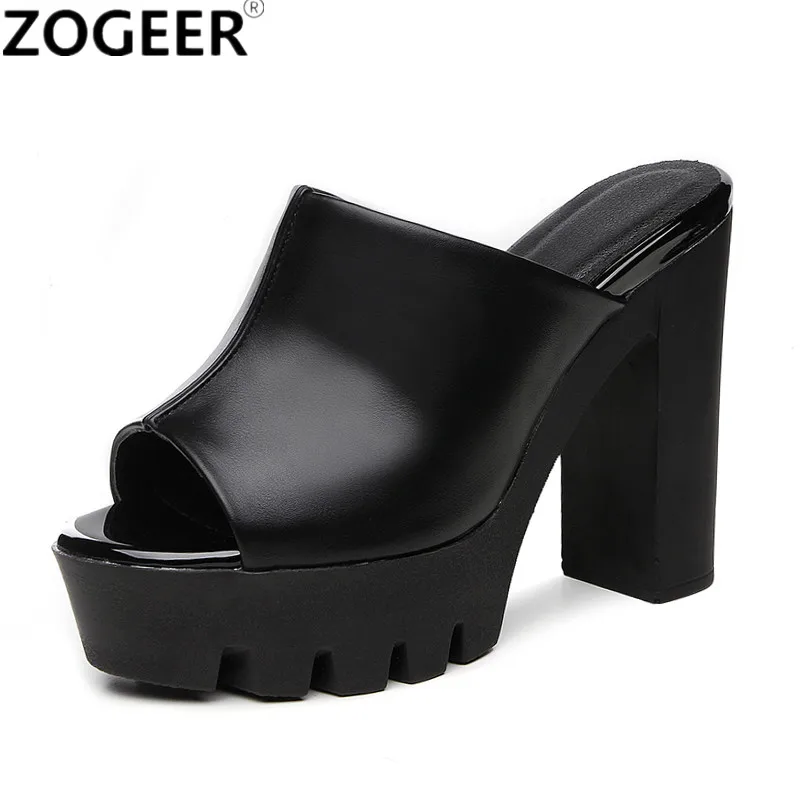 

2018 Summer Women Slipper Sandals Platform High Heels PU Leather Peep toe Elegant Female Flip Flops Black White Ladies Shoes