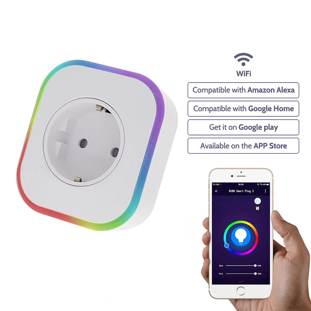 

RGB WIFI Smart Socket EU Plug 220V 10A Remote Control Smart Timing Switch Work For Amazon Alexa/Google Assistant