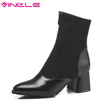 

VINLLE 2020 Women Ankle Boots PU Leather Women Shoes Platform Zipper Pointed Toe Square High Heel Women Boots Size 34-43