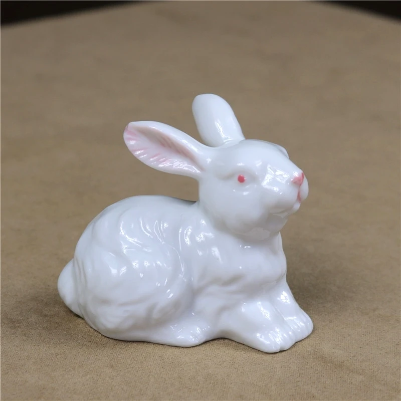 Cute Porcelain Rabbit Figurine Rural Ceramics Bunny Miniature Trinket