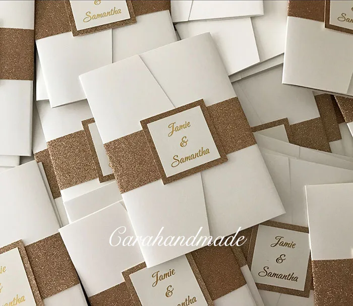  Glitter Pocketfold Wedding Invitations with belly band CA0766 - 32828301947