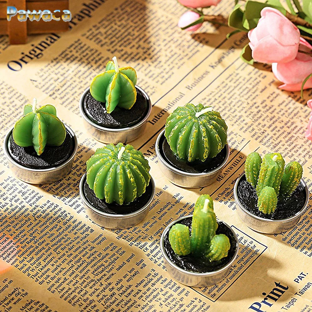 

6pcs/set Home Decor Cactus Tealight Candle Table Tea Light Garden Mini Wax Green Candles For Wedding Party Birthday Decoration