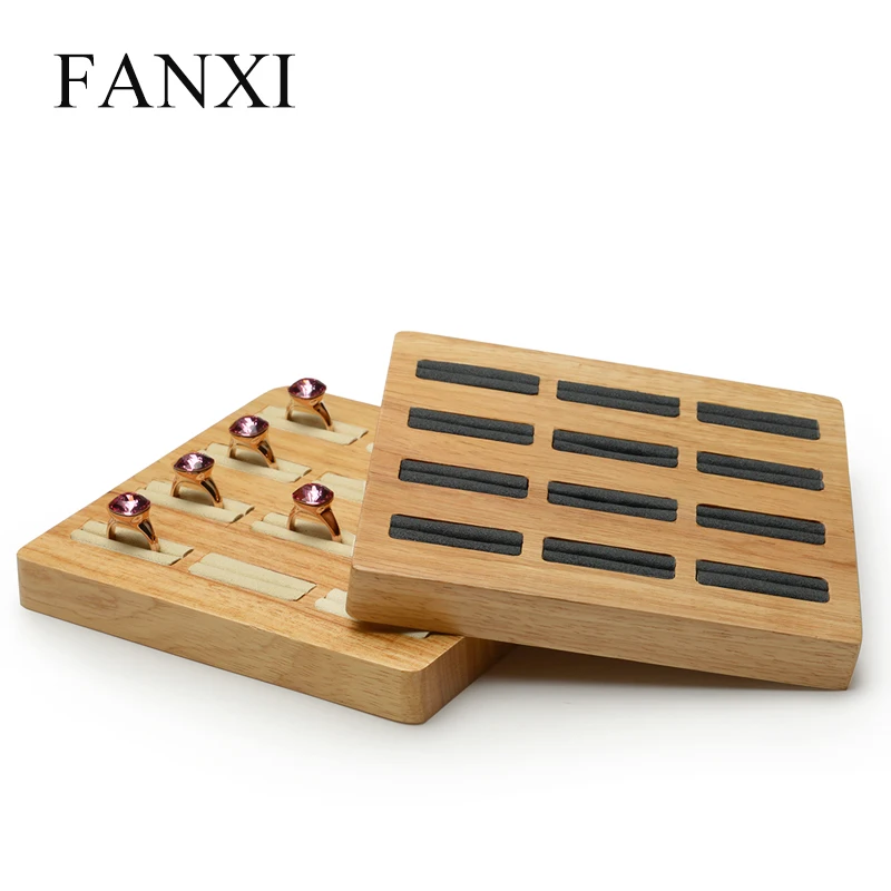 FANXI Solid wood Cream-white&Dark gray 12 Seats Ring Display Stand with Microfiber Internal for Exhibition Jewellry Rings Holder Jewelry Packaging