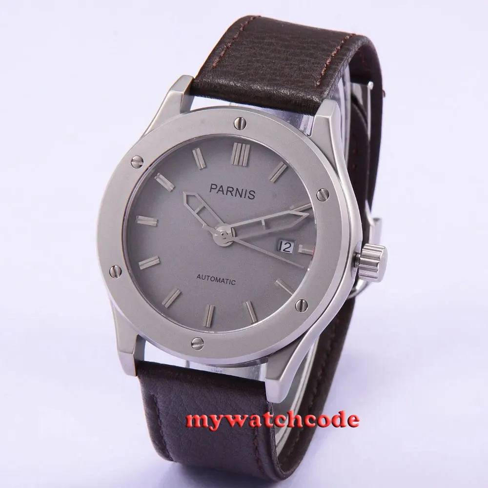 

43mm Parnis gray dial date window ST automatic leather mens wristwatch 501