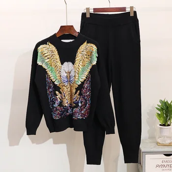 

Women Set 2018 Autumn Winter Fashion Embroidery Knitted Sweaters Women Suit Pullover Pants Female Casual Two-piece Sets WS124