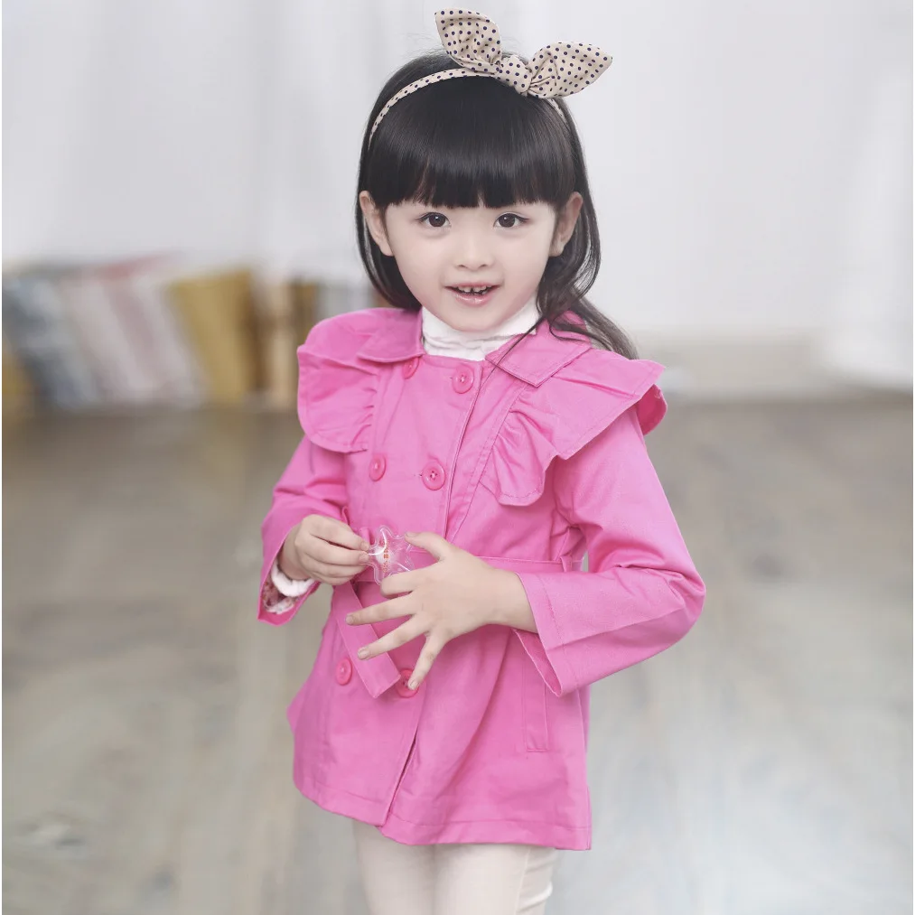 Весенняя одежда для девочек г. Осенняя двубортная ветровка в Корейском стиле для девочек милый пояс куртка яркого цвета милая куртка с оборками для девочек