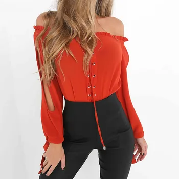 

Off Shoulder Chiffon Blouse Shirt Women Summer Red Long Sleeve Split Elegant Sexy Cool Blouse Female Blusas