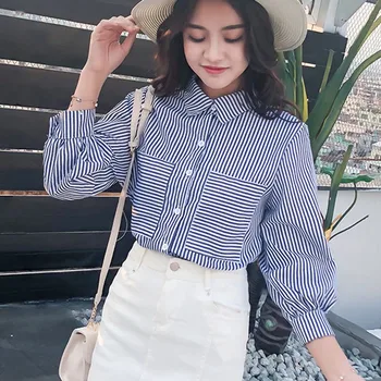 

2018 New Autumn Women Striped Long Sleeve Shirt Turn-Down Collar Loose Blusas Femme Casual Tops Sexy Tee