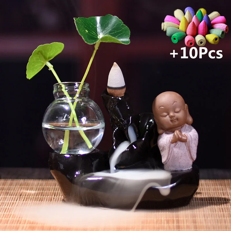 

With 10Pcs Incense Cones, Lotus Pond Backflow Incense Burner The Little Monk Incense Stick Holder Ceramic Censer Glass Vase