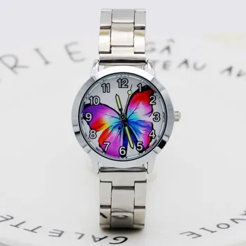 

New Brand hot children girls Stainless steel strap quartz watches lovely colorful cartoon butterfly Luminous pointer kids gifts