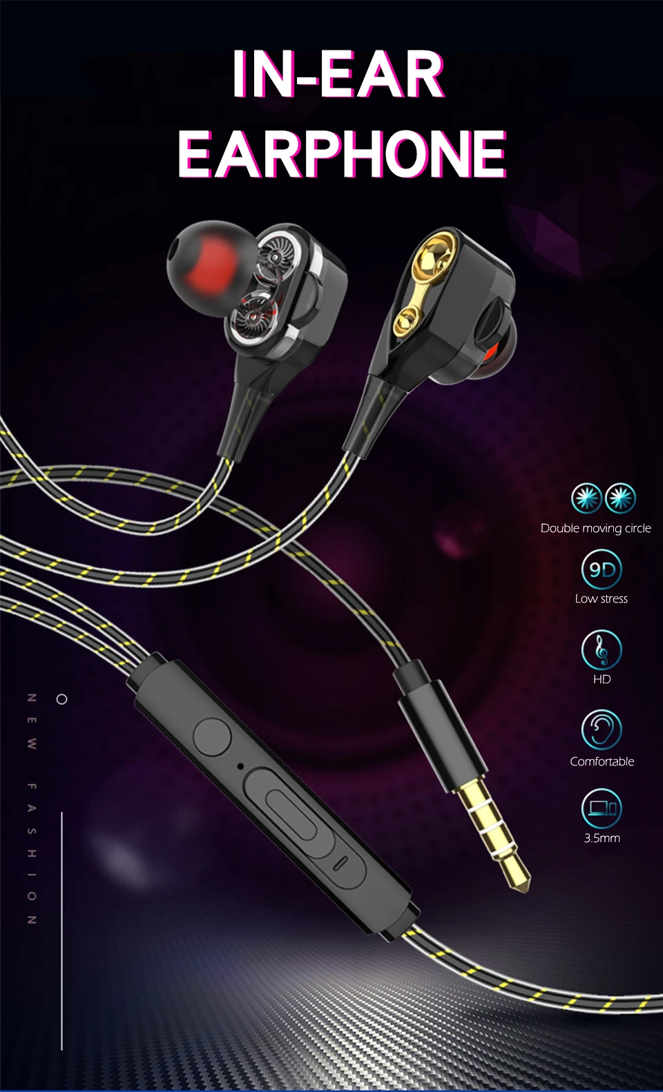 Dual speaker 3.5mm in-ear headphones double dynamic ring 1.2m Wired headphone cable for Android iOS Smart Mobile Phone (1)
