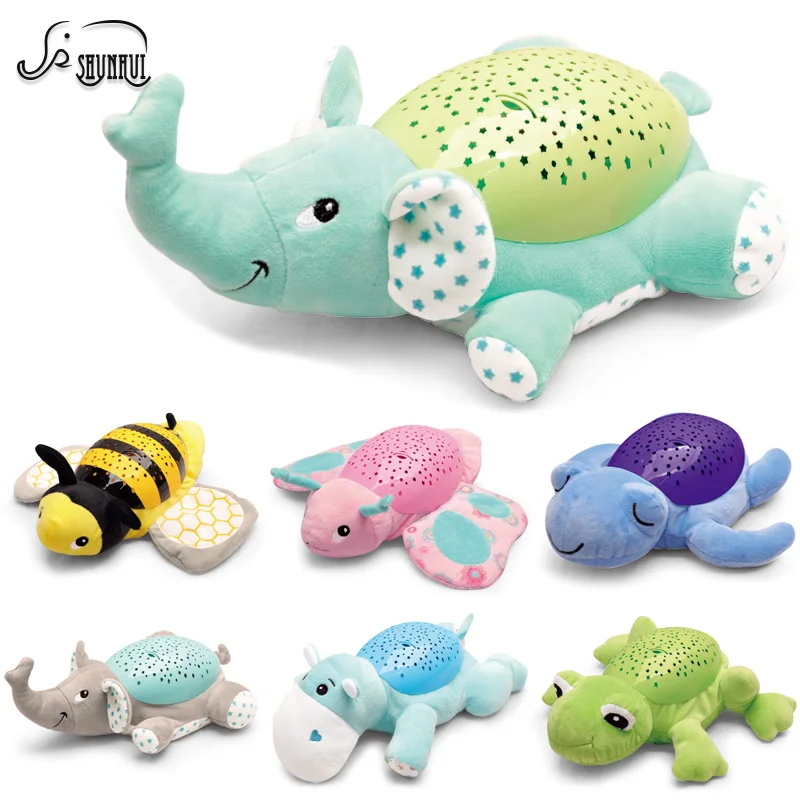 Baratos Bebé sueño iluminación LED Animal de peluche Led lámpara de noche juguetes de peluche con música y estrellas proyector Luz Juguetes de bebé para niñas niños