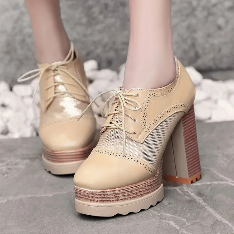 

US4-11 Womens Trend Mesh Platform Chunky Block Super High Heel Lace Up Oxfords Shoes Brogue Low Heel Pumps Plus Size A732