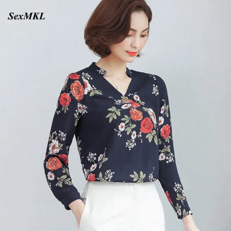 Printed Long Sleeve Blue V Neck Blouse
