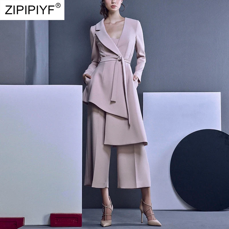 

Pant Suits For Women Blazer Set Spring Lady Business Office Work Notched Irregular Long Jacket Elegant Wide Leg Pants Suit H6858