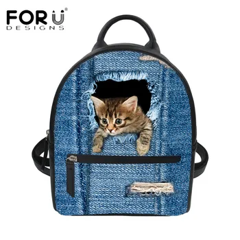 

FORUDESIGNS Newest Women's Mini Backpack Cute Denim Cat Dog Print Teens Girls Small Bagpack Female Back Pack String Travel Bags