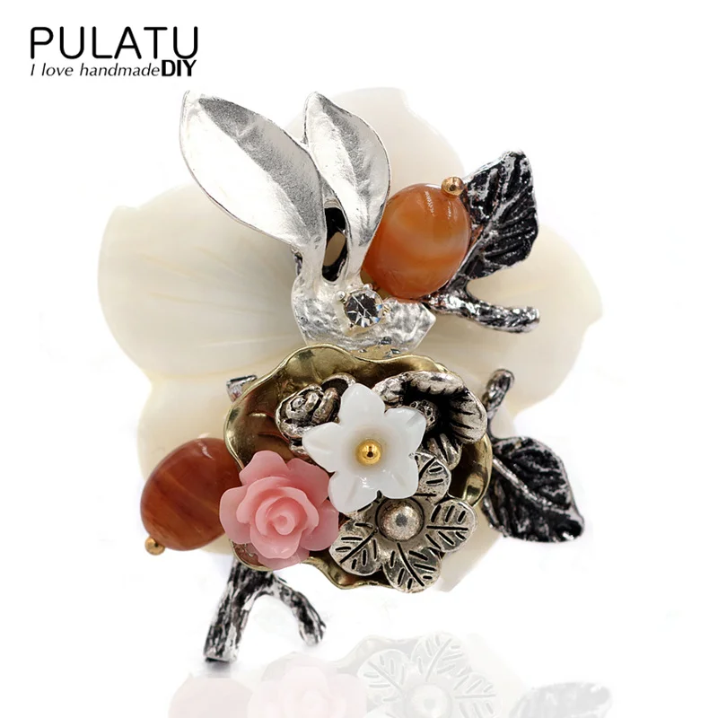 

PULATU Original Handmade Flower Brooches Natural Shell Stone Pin Brooch Women Accessories Pendant Fashion Jewelry Birthday Gift