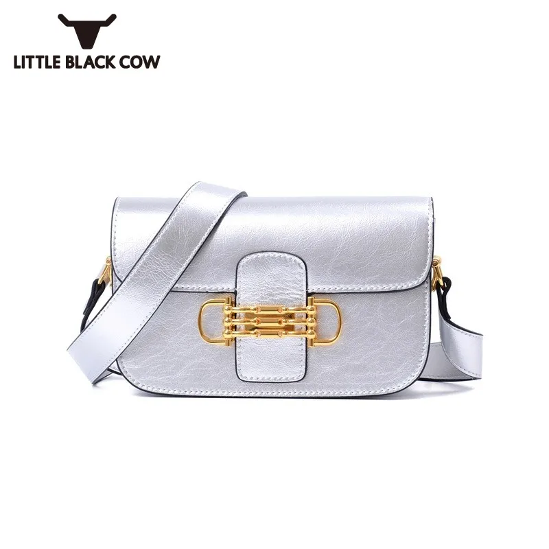 

Ladies Split Cow Leather Handbag 2019 New Chic Lock Solid Flap Shoulder Bag Female Silver Black White Office Small Crossbody Bag
