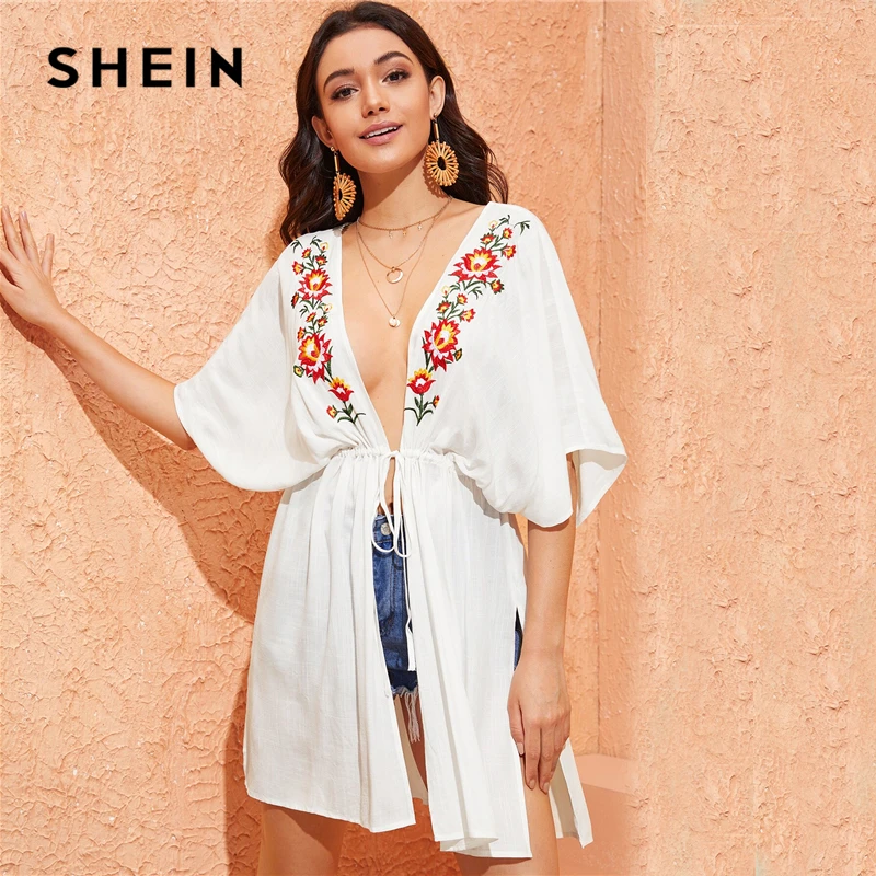 

SHEIN Embroidery Front Drawstring Waist Split Side Kimono Boho White Spring Autumn Summer Longline 2019 Half Sleeve Kimono