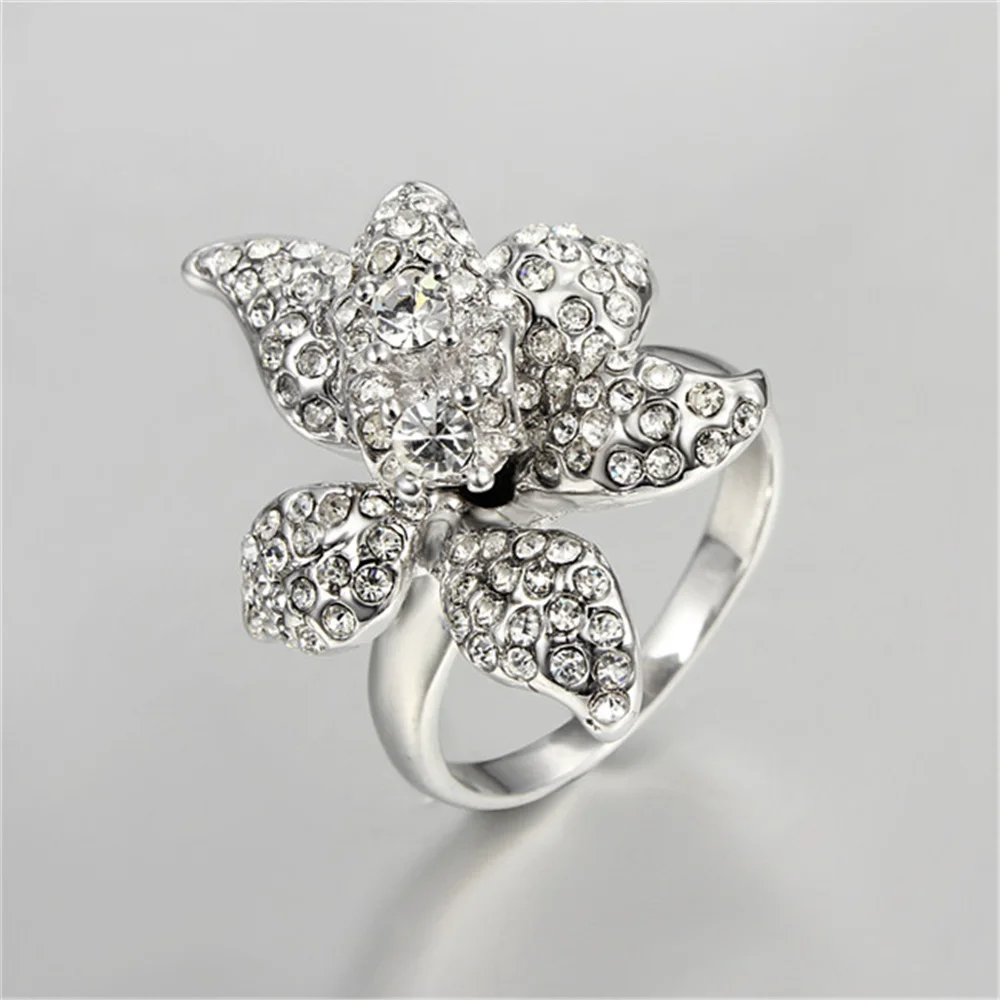 Big Flower Ring Rhinestone Finger Rings Wedding Jewelry