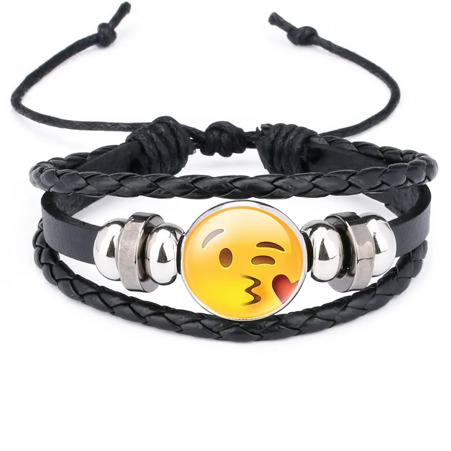 

NingXiang Hot Sale Handmade 16 Funny Smile Emoji Designs Glass Cabochon Braided Leather Bracelets & Bangles Men Women Gift