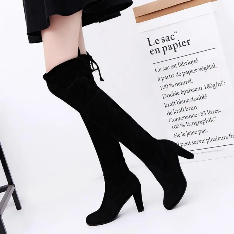 

2019 Popular Ladies Winter Hight Heel Boot Women Ladies Suede Over the Knee Thigh High Block Heel Lace Tie Boots