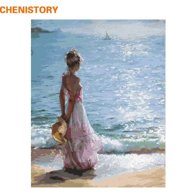 

CHENISTORY Frame DIY Painting By Numbers Seaside Women Figure Painting Modern Wall Art Canvas Painting For Home Wall Artwork