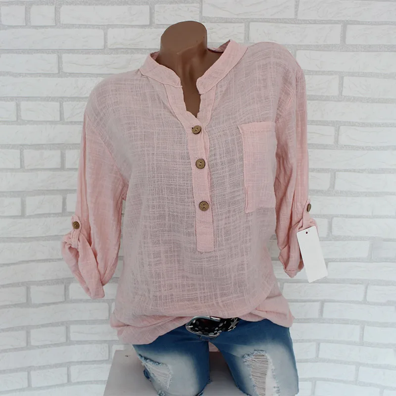 Womens Cotton Linen Stand Collar Shirt Blouse Plus Size 5XL White Solid Pocket Womens Shirts 2020 Spring Loose Blouses Female Womens Cotton Linen Stand Collar Shirt Blouse Plus Size 5XL White Solid Pocket Womens Shirts 2020 Spring Loose Blouses Female