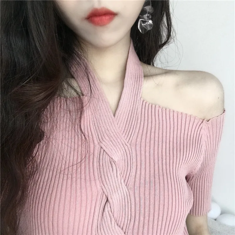 

Women Halter Neck Knitted Off-shoulder Thin T-shirts Girls Knitting Stretchy Sweater Pullovers Tees Tops Female