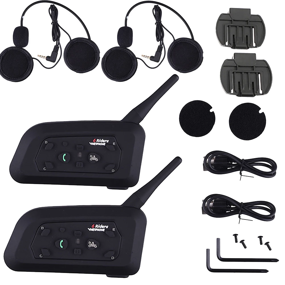 

2 Sets Motorcycle Intercom Bluetooth Headset 1200M Range Hands-free Interphone moto headset Black for 6 riders EU/US