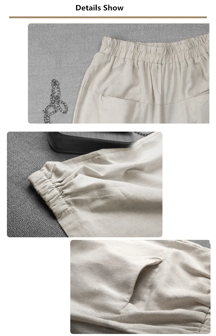  LZJN 2019 New Cotton Linen Soft Wide Leg Women Pants Elastic Waist Solid Color Summer Loose Trouser Plus Size Capris with Pocket (10)