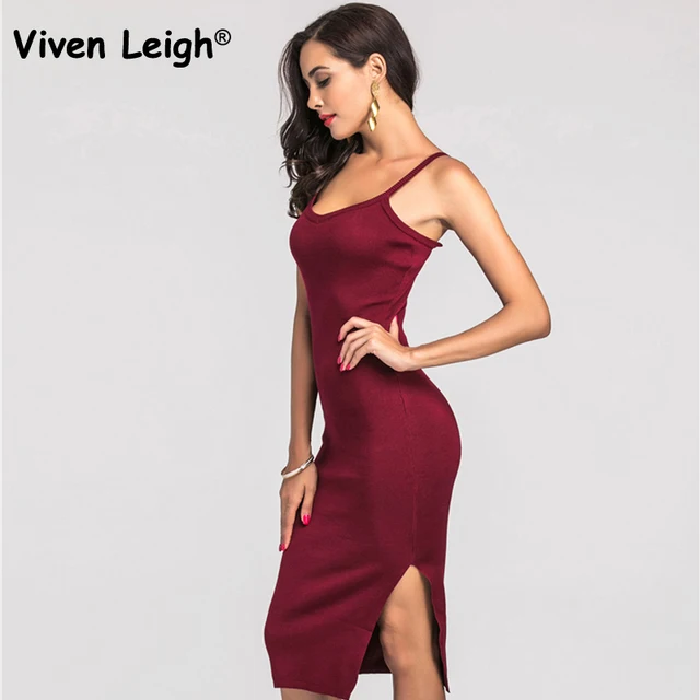 Autumn Spaghetti Strap Knitted Dress Sexy Split Pencil Dress Bodycon