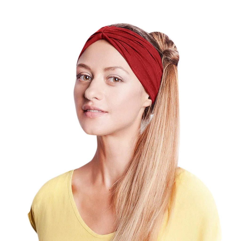 Повязки На Голову женские белые хлопок тюрбан с узлом на голову повязка на голову широкая эластичная повязка на голову спортивные аксессуары для волос для йоги-30 - Цвет: Red