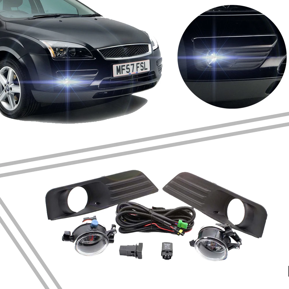  For Ford Focus MK2 2004-2010 2pcs Fog Light Grille + 2 Lamp + Wire Switch Kit Fog Lights Assembly C - 32916366760