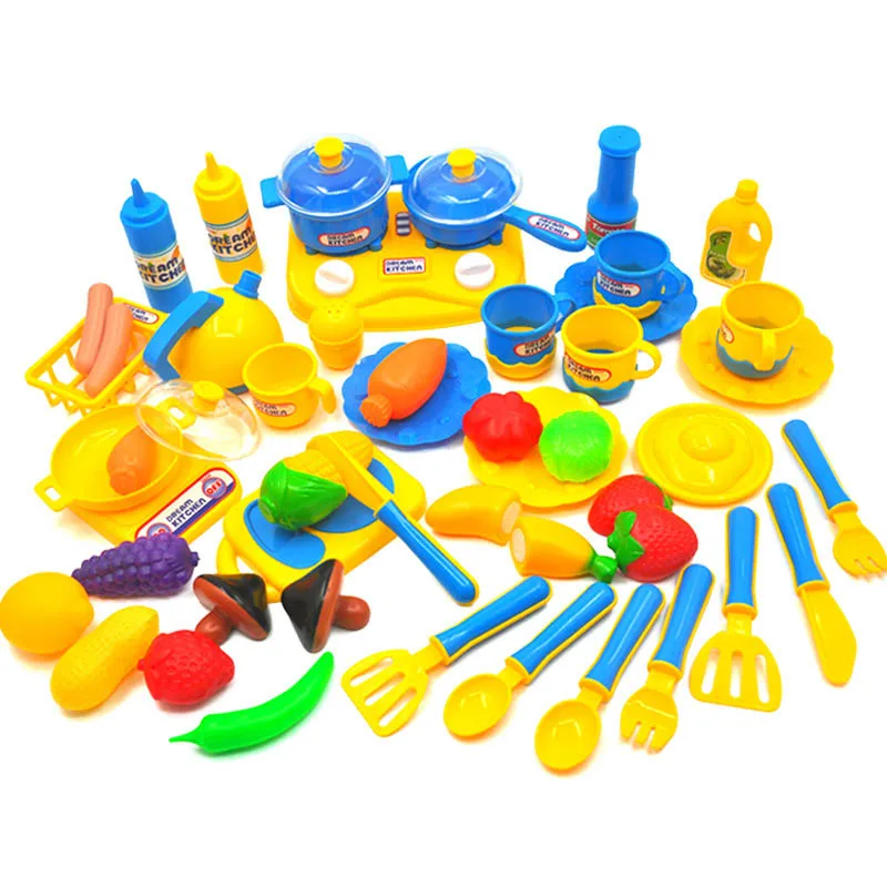 Hot 46pcs/set Kids kitchen play toys Fruit vegetable Cooking Pots Children Pans Dishes Food