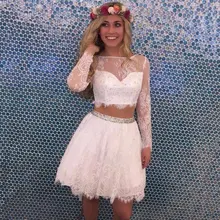 Двухкомпонентные кружевные белые платья для выпускного вечера с длинным рукавом с аппликацией из бисера на заказ мини-платья на выпускной вечер