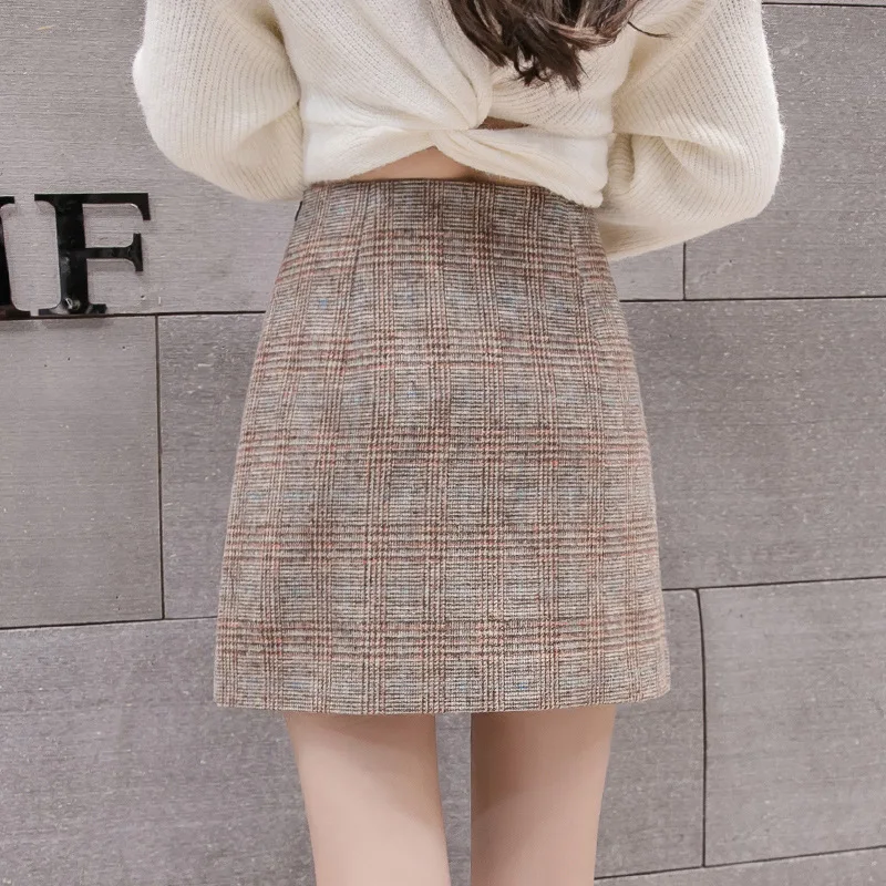 Spring Autumn Korean Retro Woolen Plaid Skirt For Women High Waist Slim Mini Skirts Fashion Sweet Ladies A-line Skirt Female