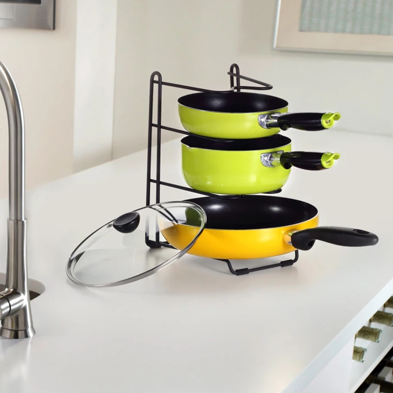 

4 Layers Iron Pan Pot Holder Multi-functional Kitchenware Storage Rack Pan Cover Rack Stand Spoon Kitchen Organizer Tool