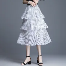 1609 летние 3 слоя миди юбки женские в горошек с высокой талией черная белая элегантная складчатая Юбка шифоновая Женская Офисная