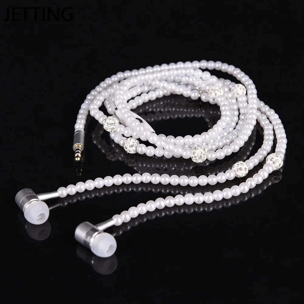 New Pink rhinestone Jewelry Pearl Necklace Earphones With Microphone Earbuds for iphone Xiaomi Brithday Gift