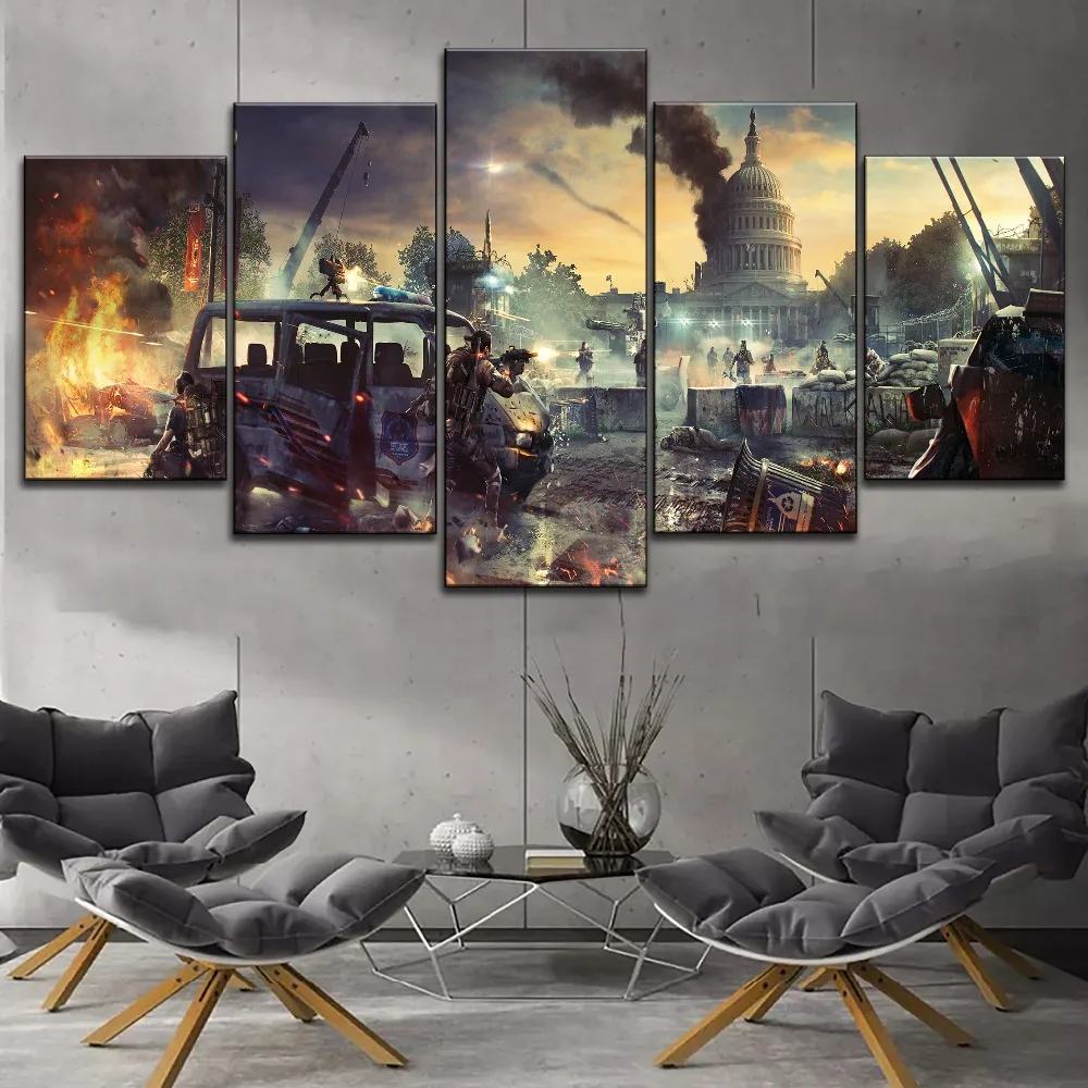 

Game Tom Clancy's The Division Gun Soldier Fight Paintings 5 Panel Modular Style On Canvas Print Large Poster Modern Decor Wall