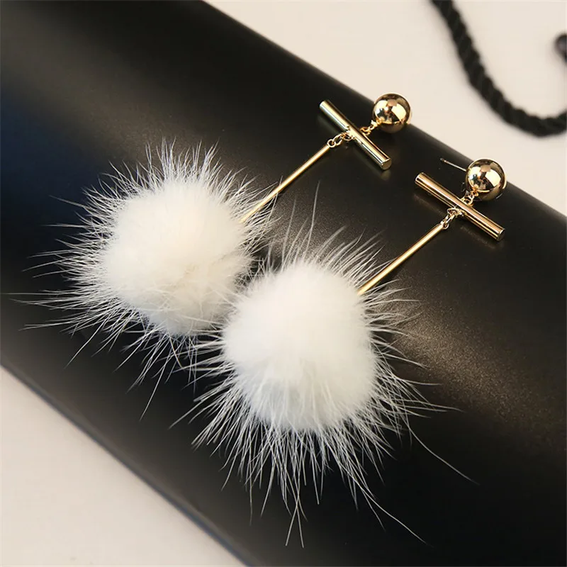 

High Quality Korea Trendy Alloy Plated Mink Hair Ball Fashion Drop Earrings Fashion Jewelry Accessories For Woman-WFJDPER001F